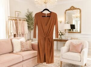 Free People Brown Ribbed Knit Twist Front Midi Dress V-Neck 3/4 Sleeve XS